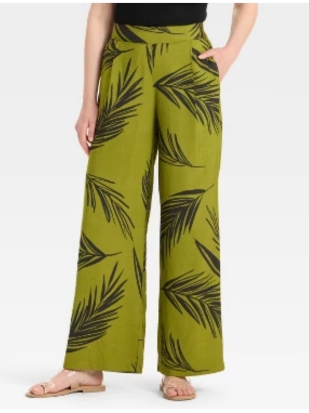 A New Day Womens high-rise wide leg pants olive green black leaf print size medi